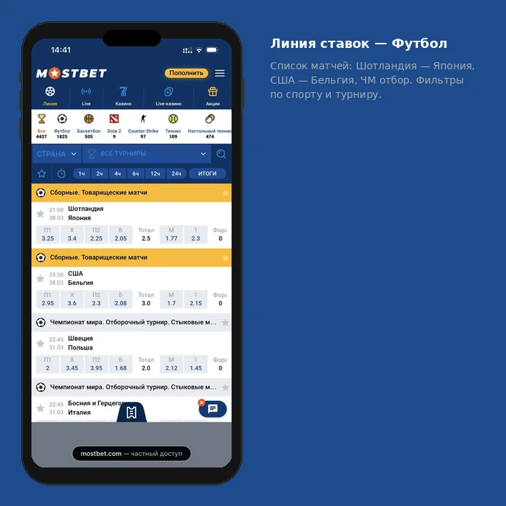 Спортивная линия в приложении Мостбет — футбол, баскетбол, теннис, коэффициенты